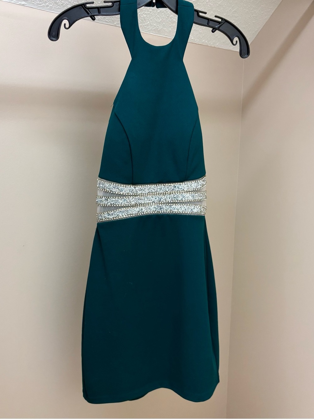 Speechless Teal Halter Prom Dress with Silver Beaded Waist
